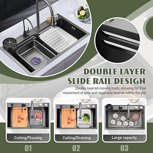 Grande lavello in acciaio inox, 80 x 50 cm, con effetto cascata, per cucina e bar, realizzato a mano, con accessori completi, robusto lavello da lavoro - Honorern