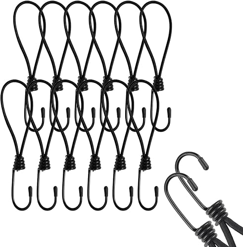 12 pezzi di cordini elastici corti con ganci, cordini elastici extra forti, tenditori per telo con ganci a spirale, cinghie di tensione con passanti per moschettone- 15 cm nero - Honorern