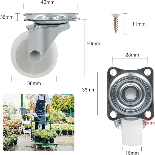 Set di 8 ruote girevoli per mobili, senza freni, girevoli a 360°, bianche, con 1 cacciavite e 32 viti, altezza 50 mm, capacità di carico totale 160 kg - Honorern