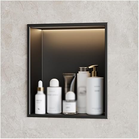Nicchia da Parete in Acciaio Inossidabile, nicchia da Doccia incassata con Luce a LED, mensola Organizer Impermeabile per riporre Oggetti in Bagno, Senza Bisogno di Piastrelle (Nero, 32x32x - Honorern