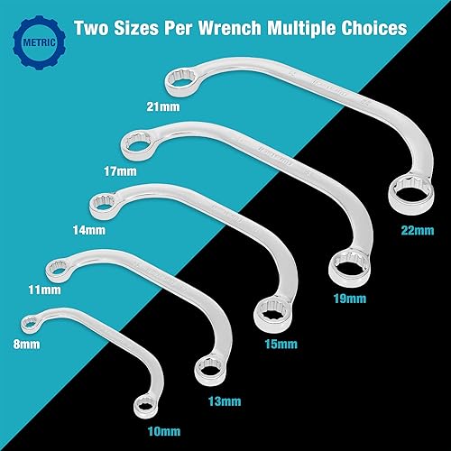 Set di chiavi a doppio anello, starter a forma di C, 5 pezzi, SW 8-22 mm, acciaio al cromo vanadio, con scatola in schiuma EVA - Honorern