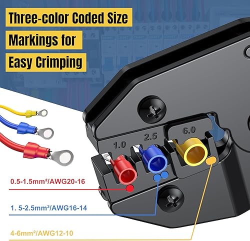 Pinza Crimpatrice a Crimpare, FortCeremy Pinza a Crimpare per Terminali Isolati, AWG20-10 (0,5-1,5mm²/1,5-2,5mm²/4-6mm²), Pinza Crimpatrice Elettrica per Connettori Elettrici - Honorern