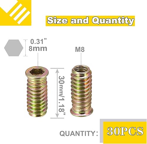 M8 x 30 mm, dadi filettati per mobili, 30 pezzi in lega di zinco filettati con bullone di fissaggio a bussola esagonale per mobili in legno - Honorern