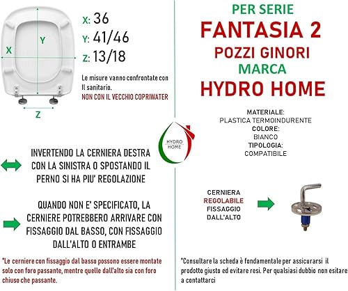 HYDRO HOME Copriwater Pozzi Ginori Fantasia 2 Compatibile, Tavoletta Wc In Plastica Termoindurente Con Cerniere Regolabili,Asse Wc Colore Bianco MADE IN ITALY - Honorern