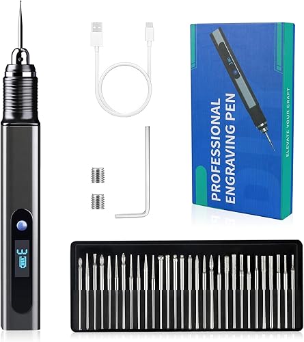 Penna per incisione con 30 punte, penna da incisione ricaricabile via USB mini macchine da intaglio professionali strumento rotante portatile fai-da-te per gioielli, legno, vetro, metallo, plastica - Honorern