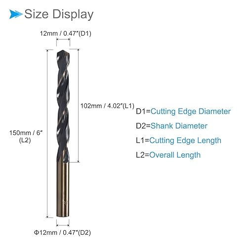 Torsione Trapano Punte, 12mm Bordo Taglio, Titanio & Nitruro Rivestito Alta Velocità Acciaio 4341 Rotondo Gambo per Inossidabile Acciaio Foratura Macchina, 2-Pezzi - Honorern