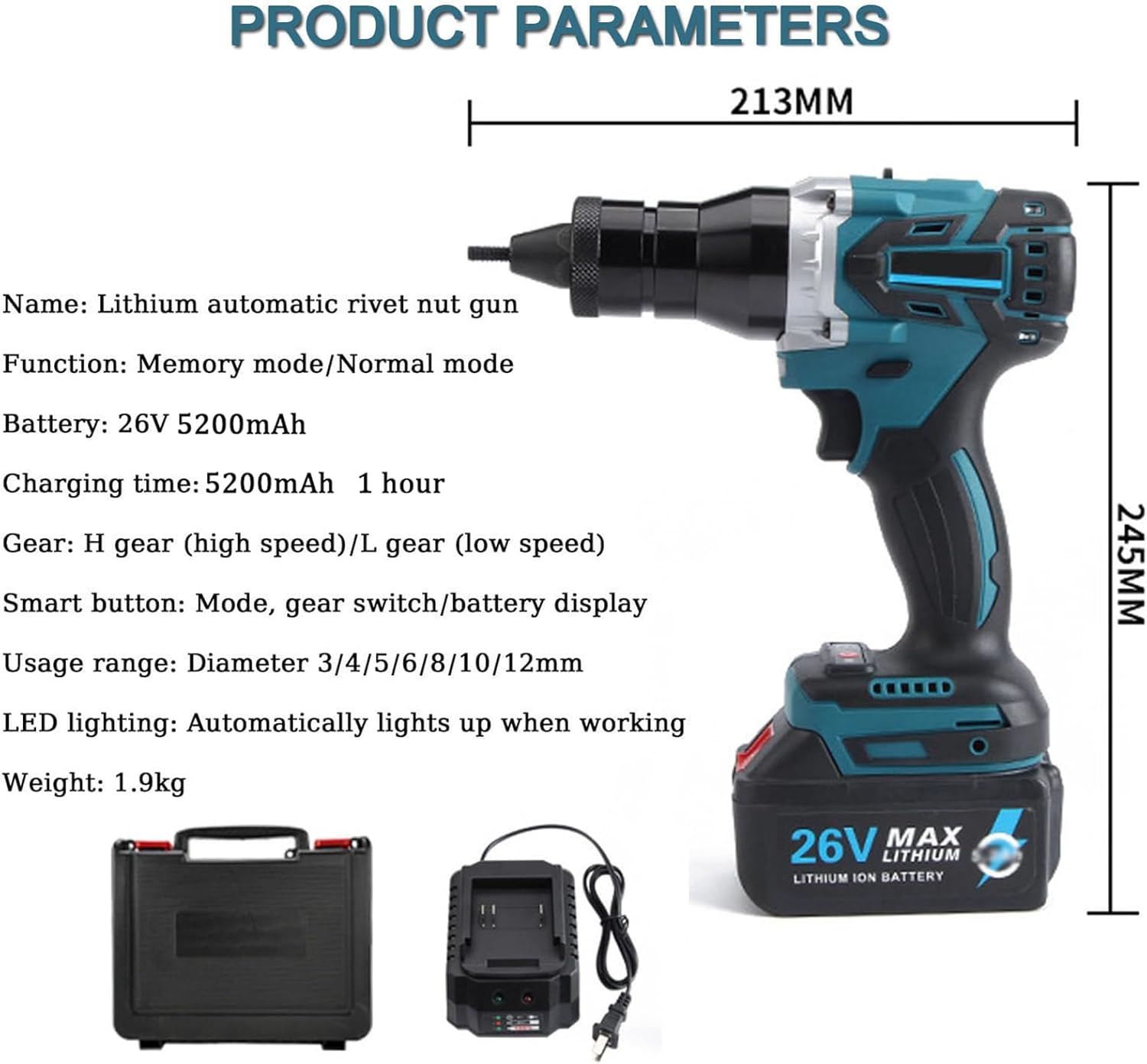 Set di pistola elettrica senza fili, pistola rivettatrice automatica portatile, kit professionale con batteria da 5200 mAh e custodia per il trasporto per dadi M3/M4/M5/M6/M8/M10/M12 - Honorern
