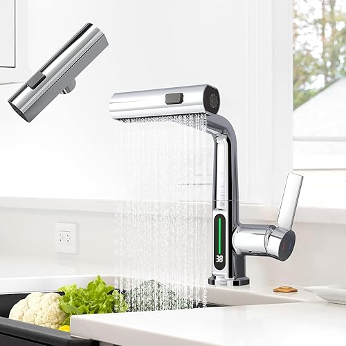 Pilipane Rubinetto Digitale da Cucina e Bagno, con Display della Temperatura, Rotazione a 360 Gradi, Estensione del Tubo di Disegno, Galvanizzato Argento, Metallico - Honorern