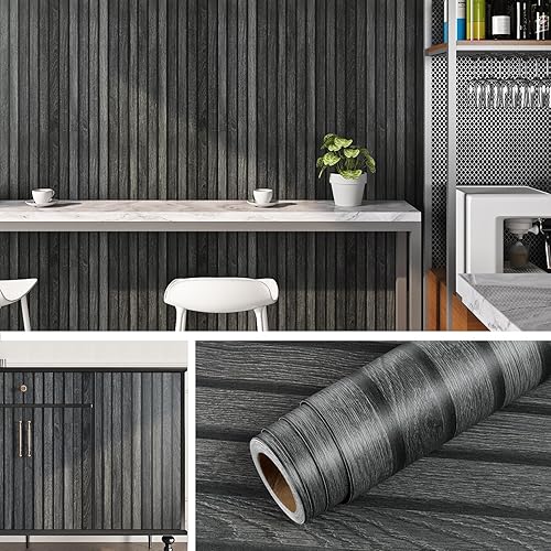 Livelynine Carta Adesiva per Mobili Legno Listelli Nero 40CMx5M Pellicola Adesiva Legno Nero 3D Moderno Skandi Lavabile Carta da Parati Adesiva Muro Effetto Legno Soggiorno Camera da Letto Bagno - Honorern
