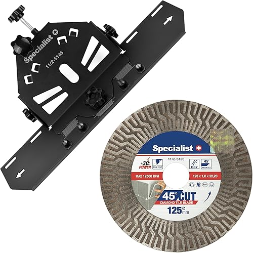 Specialist+ Kit da taglio per smerigliatrice angolare | Tagliapiastrelle manuale Slider 45 gradi + disco diamantato da 125 mm, disco diamantato extra sottile per piastrelle, ceramica, marmo - Honorern