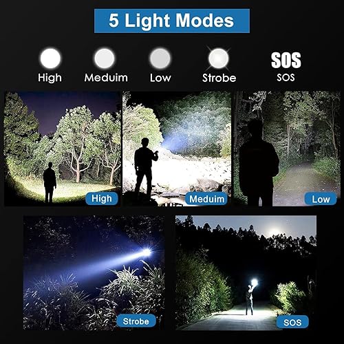 LUXJUMPER Torcia LED Potente Professionale 1000000 Lumen, Ricaricabile Super Luminoso XHP70 Torce 5 Modalità Alta Potenza Tattica Torce per Campeggio/Emergenza/Trekking - Honorern