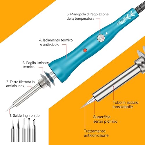 Saldatore a Stagno kit 60W Saldatore di Precisione Professionale con Temperatura Regolabile 200~450 ℃, Interruttore ON/OFF, 58 Punte per Saldatore, 15g Filo di Saldatura per Piccole Riparazioni - Honorern