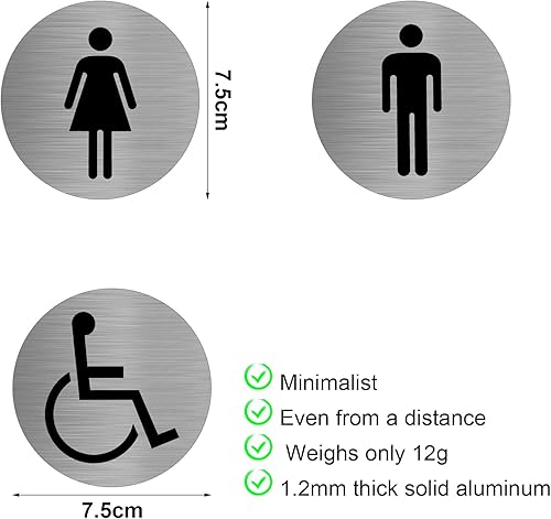 Set di 3 cartelli per WC, diametro 75 mm, in alluminio, per donne e uomini, disabili, autoadesivi, ideali per porta del WC - Honorern