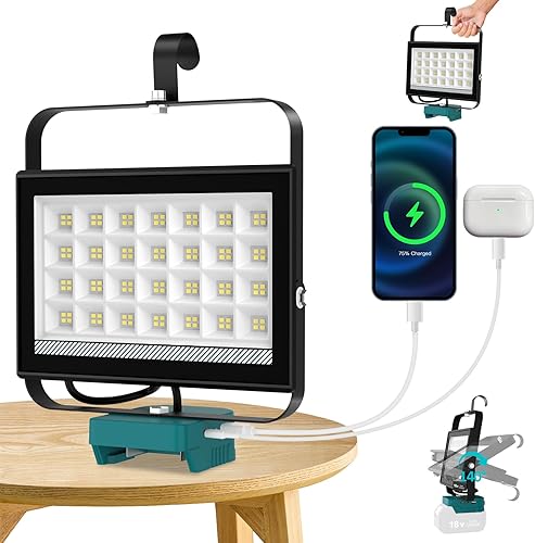T-SUN Faro LED Ricaricabile per Makita Batteria 18V, 100W Faro LED Esterno 5000LM 2 Modalità di Illuminazione Faretto LED Portatile per Campeggio Pesca Riparazione Auto(Batteria Non Inclusa) - Honorern
