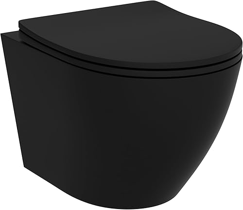LAVITA Brava - WC da parete con chiusura automatica e cerniere in metallo, senza bordi, da appendere, 360 x 480 x 375 mm, colore: Nero - Honorern