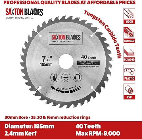 Saxton TCT18540T - Lama per sega circolare TCT per legno, 185 mm x 30 mm x foro x 40 T per Bosch Makita Dewalt, adatta per seghe da 190 mm - Honorern
