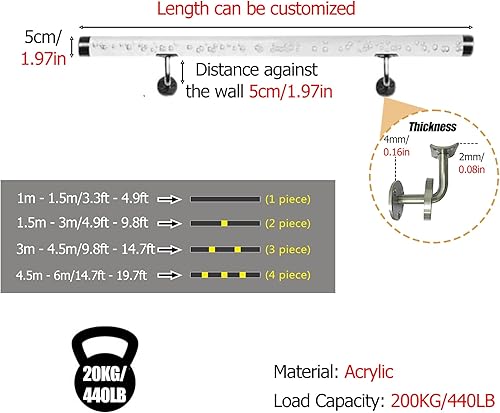 Corrimano Scale Chiaro corrimano acrilico per le scale - 3ft/4ft/5ft/6ft/10ft/12ft/14ft/20ft, Corrimano di cristallo trasparente per interni e per esterni per gradini esterni, con staffe d'argento per - Honorern