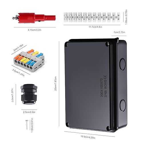 Scatola di Derivazione, IP65 Impermeabile Cassetta Elettrica Esterna, ABS Nero Scatola Derivazione Stagna, 200 x 100 x 70 mm, con Terminali e Accessori di Montaggio, per Cavi Ø 12-16 mm - Honorern