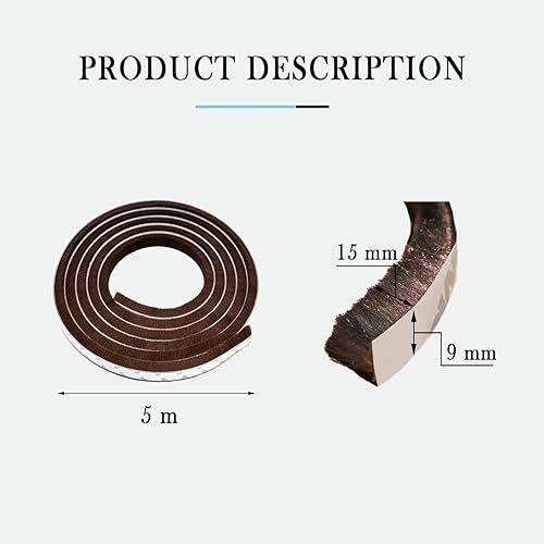 Guarnizione a Spazzola, Paraspifferi Spazzola, 5m(L) X 9mm(B) X 15mm(D), Marrone, Paraspifferi Spazzola Adesivo, Guarnizione a Spazzola Autoadesiva, Guarnizione a Spazzola - Honorern