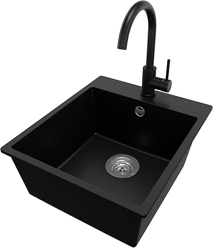 PRIMAGRAN Lavandino da Cucina Bianco 38x50cm, Lavello da Cucina a 1 vasca + Sifone Classico + Rubinetto 32x20cm, Lavabo da Cucina Incasso al mobile 40cm - Riga - Honorern