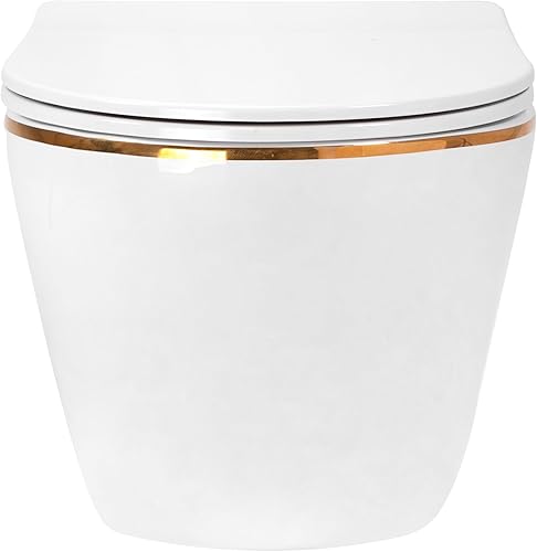 WC sospeso a parete Carlo bianco Mini piatto WC in ceramica bordo oro - Sedile in Duroplast Softclose - Abbassamento automatico con chiusura rallentata (Bianco) - Honorern