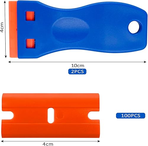 Raschietto Vetro, 2 pezzi Raschietto Plastica con 100 Lame in Plastica, Vetroceramica Professionale Spatola Vetro Lame per Colla, Colore, Decalcomanie, Piano Cottura e Forno, Blu - Honorern