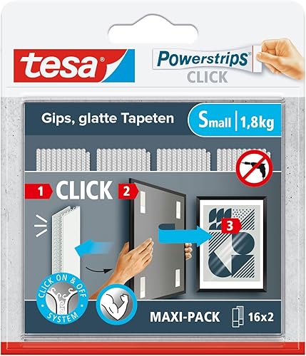 tesa Powerstrips CLICK - Ganci Adesivi per Appendere Cornici e Decorazioni da Parete Senza Forature - Strisce Autoadesive con Sistema di Aggancio e Sgancio ON e OFF - Small - 16 x 2 pezzi - Honorern