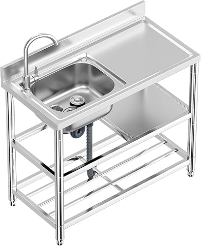 Lavello in Acciaio Inox Professionale 1 Vasca (Sinistra), 100 × 50 × 94 cm Lavandino Commerciale con Rubinetto, Lavello da Cucina Autoportante per Cucina, Ristorante, Caffè, Garage, Interno, Esterno - Honorern