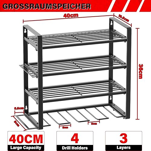 Robusto supporto da parete per utensili elettrici, supporto da parete per 16 trapani, organizer per attrezzi a 4 strati e scaffalatura per l'organizzazione in garage, officina, bacheca, - Honorern