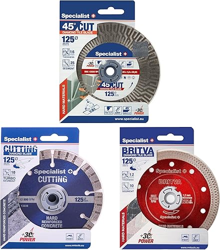 Specialist+ Set di dischi diamantati, 3 pezzi da 125 mm - Disco diamantato per il taglio di piastrelle, marmo, cemento, ceramica, pietra - Lama diamantata universale per tagli rapidi e precisi - Honorern