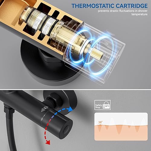 Colonna Doccia con Miscelatore Termostatico, Set Doccia con Soffione Grande in Acciaio Inox e Doccetta 5 Funzioni, Asta Saliscendi Doccia Altezza Regolabile (Nero) - Honorern