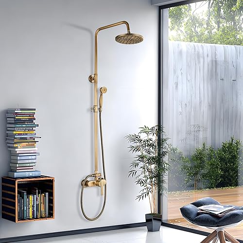 rubinetto doccia in ottone anticato con doccetta rubinetto doccia 8 pollici soffione doccia soffione doccia a pioggia con scaffale - Honorern