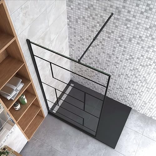100x200cm Walk In Parete Per Doccia in Vetro Temperato 8mm Anticalcare Serigrafato Nero con Riquadri Barra Stabilizzatrice da 70-120 cm Nero Opaco - Honorern