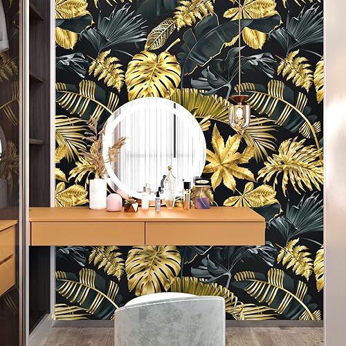Carta da Parati Jungle Moderna Carta Adesiva per Mobili Decorazioni Parete Carta da Parati Adesiva Foglie Nere/Dorate per Camera Letto Cucina Rotolo Adesivi Decorativi per Mobili 60 X 1000cm - Honorern