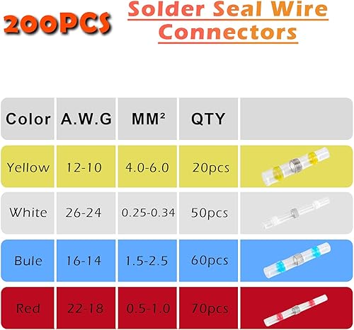 200 Pezzi Connettore Elettrico, Connettori di Testa Filo Saldato, Connettori Termoretraibili Saldanti, 4 Taglie 26-10 AWG, Wire Terminal Impermeabili per Auto Moto Marini - Honorern