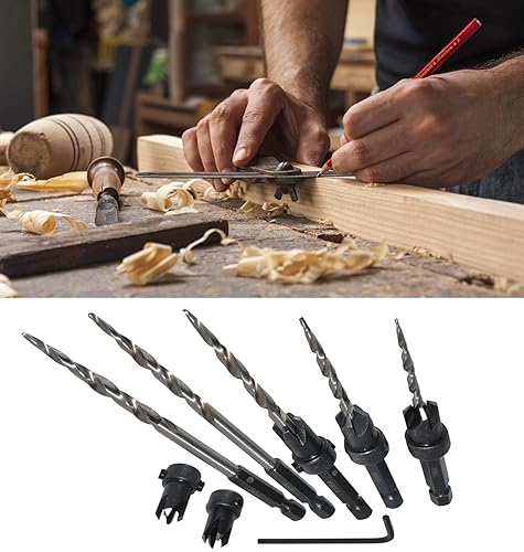 Meichoon Set di 5 punte per trapano a testa esagonale, 3 in 1, punte pilota per legno, 7/64 9/64 11/64 3/16 7/32 viti fori con arresto di profondità regolabile a sgancio rapido 1 chiave a brugola - Honorern