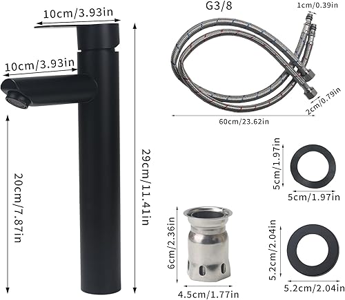 Rubinetto Bagno Lavabo Alto Rubinetto per lavabo alto Rubinetto Lavabo Monocomando Miscelatore per Bagno Controllo Acqua Calda e Fredda Altezza Del Beccuccio 20cm Cromo Nero - Honorern