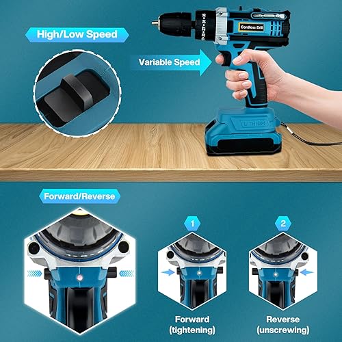 Trapano Avvitatore Batteria 21V,Trapano Avvitatore a Percussione,Cacciavite Elettrico 45N.m,Regolazione Della Coppia 25+3,Con Batterie 2*2.0AH, 2 Velocità,Set Trapano a Batteria 24 Accessori - Honorern