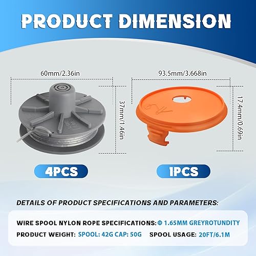 CHIHOLEN Bobine Filo Tagliabordi compatibile con 5307-20, bobina di filo di ricambio per Gardena Art 8846, 8847,8848, 9805, 9806, 9807, 9808, 9809, 9827, 9870,9872,9874, Ø1,65mm 6,1m(4 bobine+1 tappo) - Honorern
