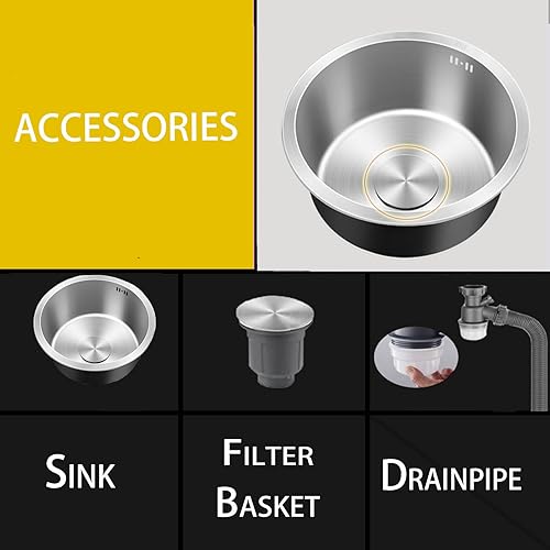 Lavello Cucina d'argento1 Vasca,Lavandino Cucina Piccolo,Lavabo Cucina In Acciaio Inox,Lavabo Tondo con Set Di Drenaggio,Installazione Appoggio o Sottopiano (Ø 25cm) - Honorern